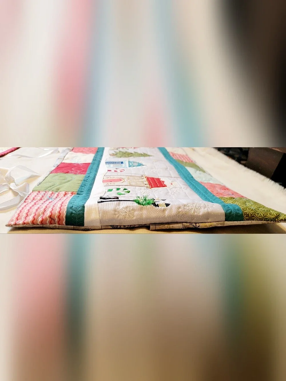 Candy Cane Lane Bench Kimberbell Pillow Cover Machine Appliqued Fairy Lights